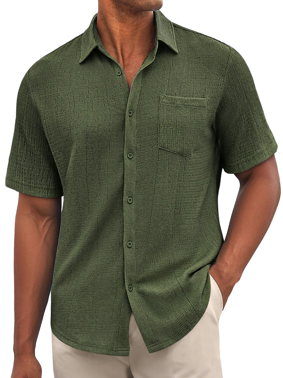 Men's Daily Bubble Wrinkle Casual Pocket Solid Color Short Sleeve Shirt