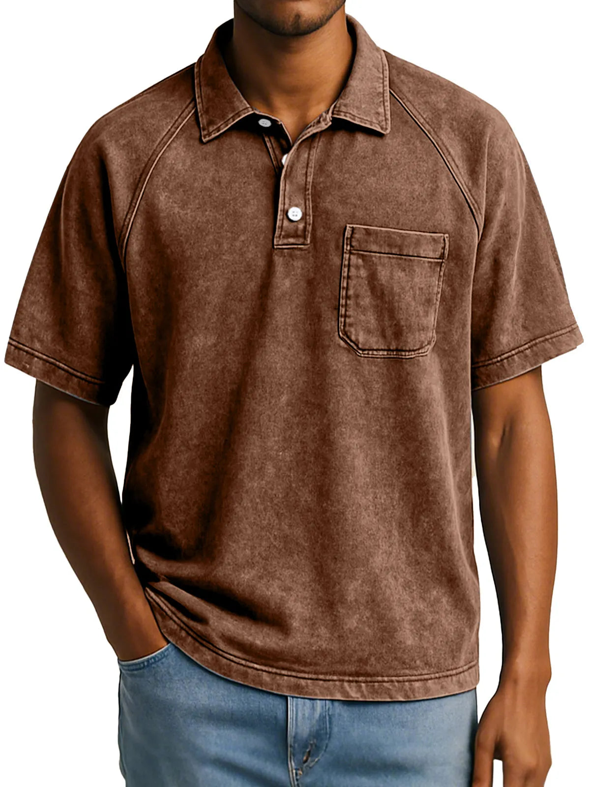 Men's Retro Casual Raglan Short Sleeve Lapel Button Up Polo Shirt