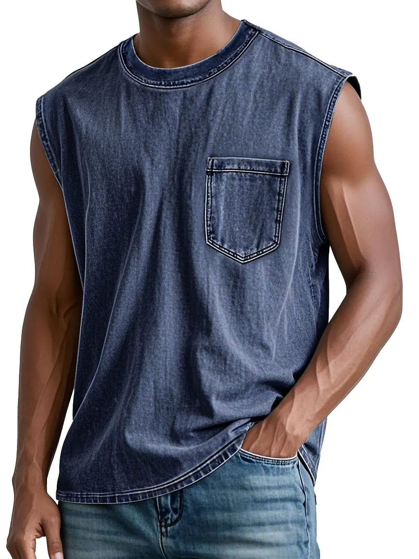 Men's Retro Washed Cotton Casual Round Neck Pocket Fashion Sleeveless Vest