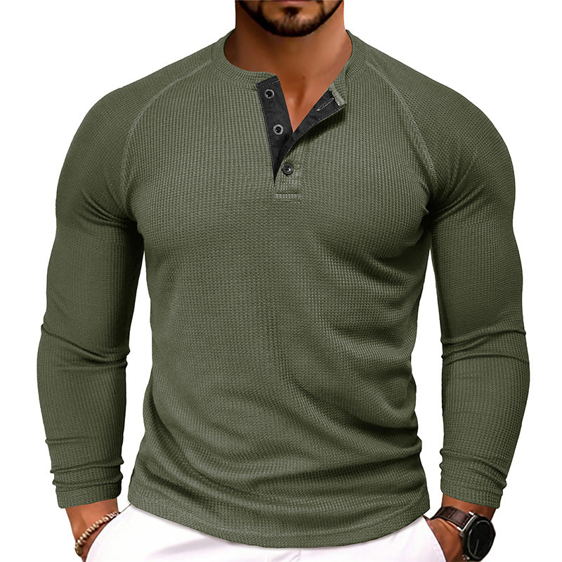 Men's Waffle Henley Collar Textured Long-sleeved Top