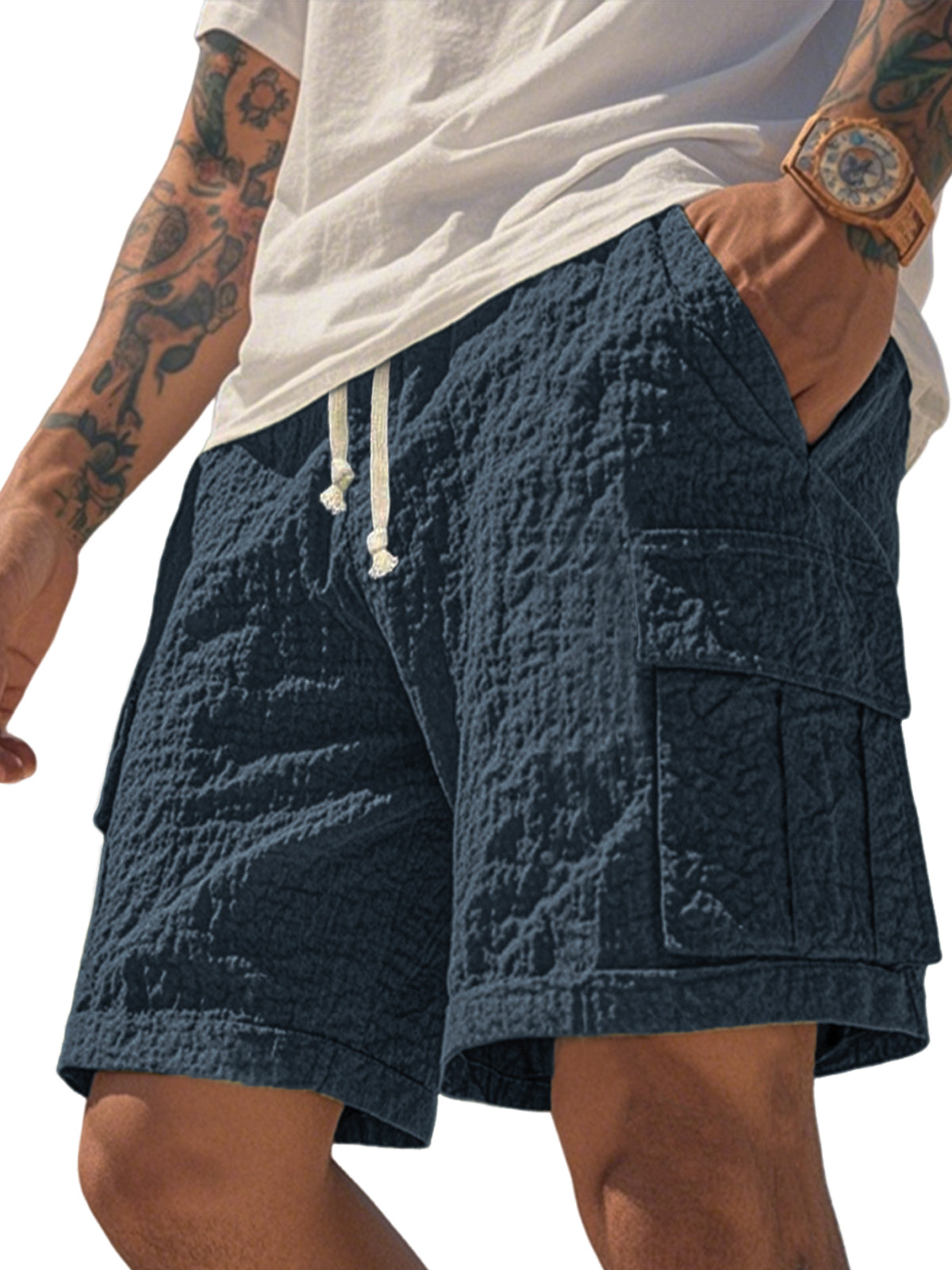 Men's Comfortable Seersucker Pleated Multi-Pocket Cargo Shorts Textured Casual Loose Casual Shorts