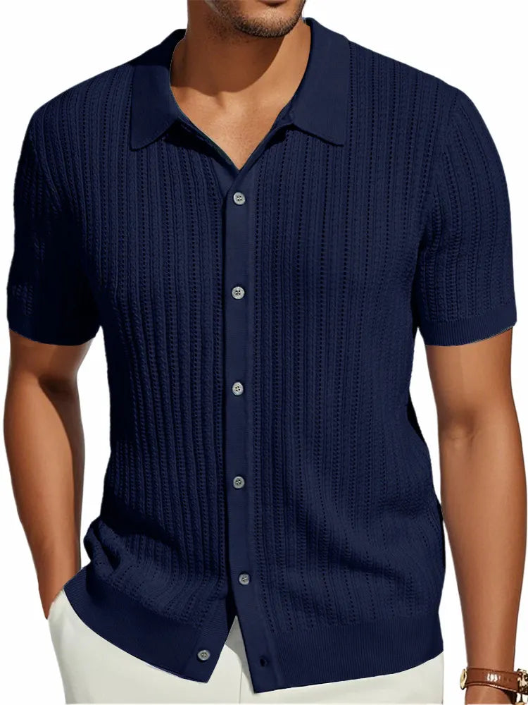 Men's Knitted Retro Fashion Striped Stretch Casual Short-sleeved Shirt