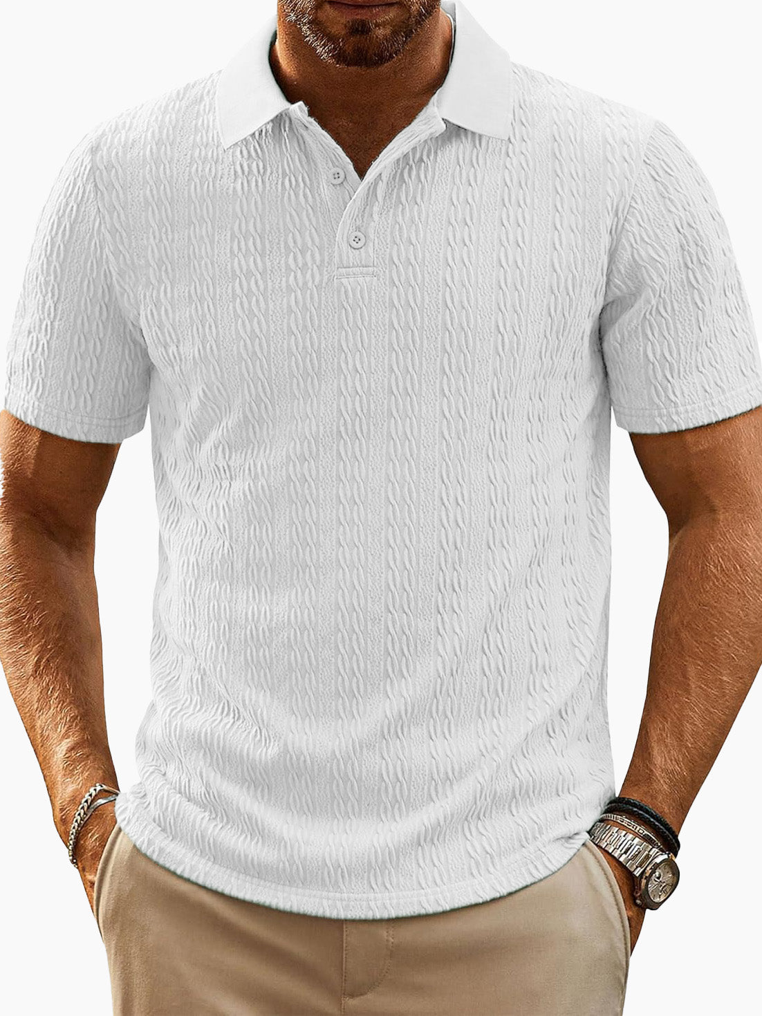 Men's Fashion Everyday Jacquard Fabric Short-sleeved Lapel Pocket Polo Shirt