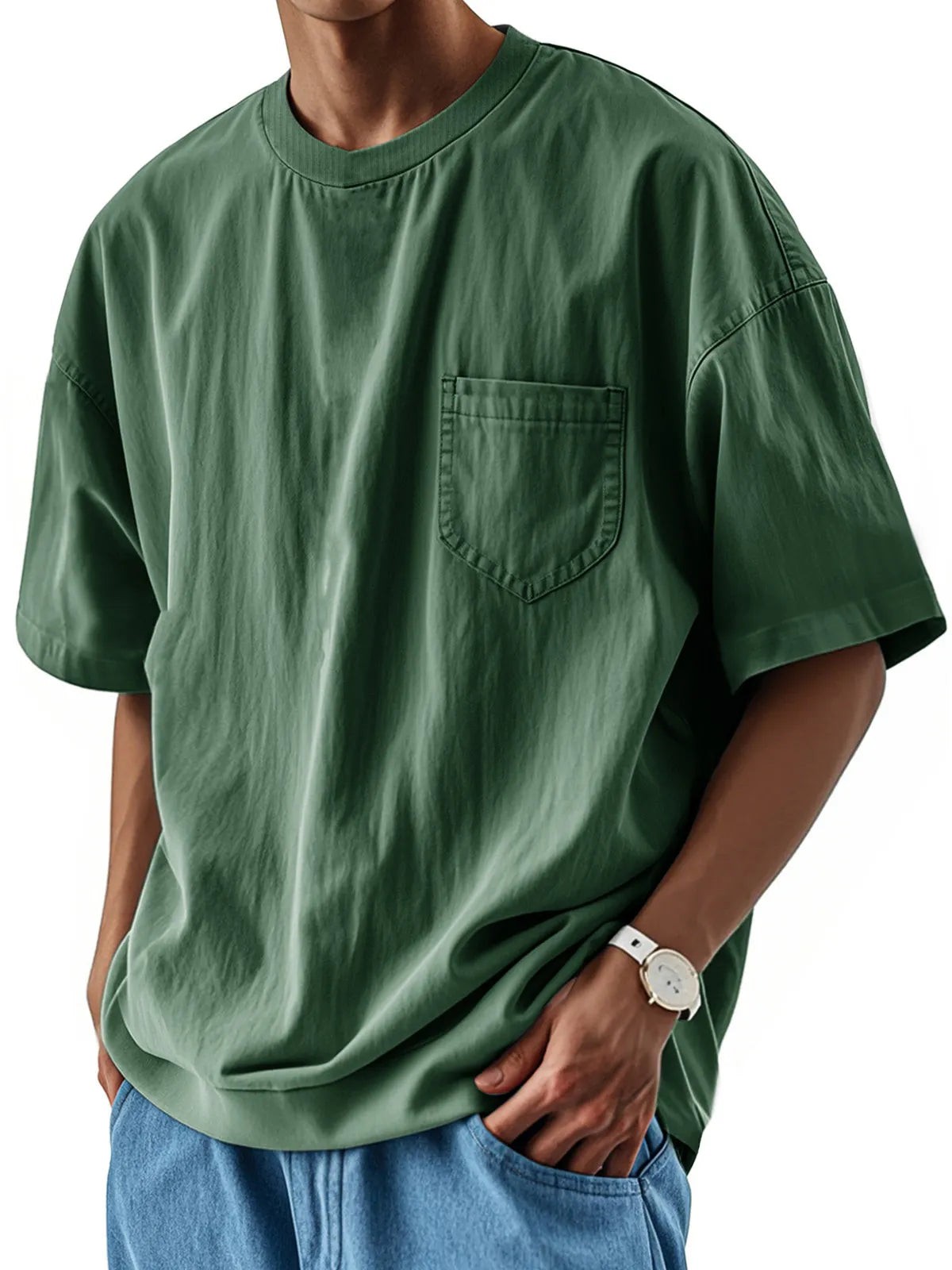 Men's Fashion Casual Retro Shirt Round Neck Pocket Short Sleeve T-Shirt