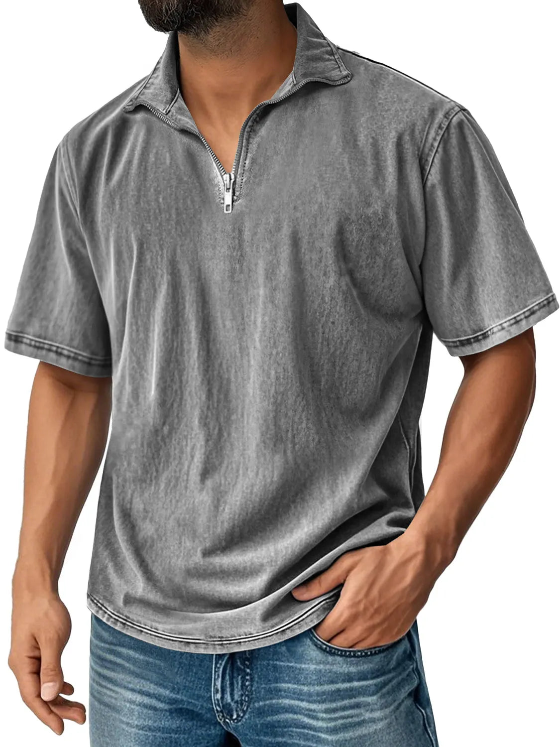 Men's Retro Stand Collar Zipper Casual Solid Color Short Sleeve T-shirt