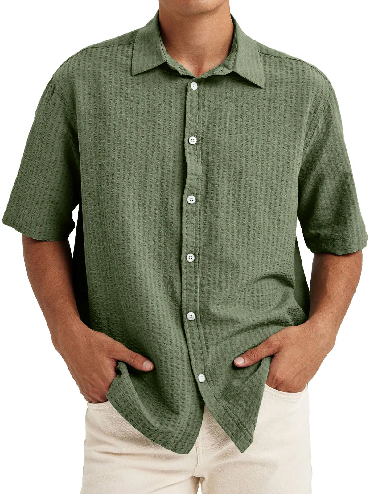Men's Casual Textured Lapel Solid Color Short-sleeved Shirt