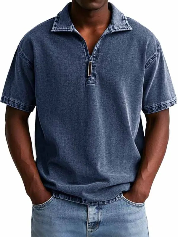 Men's Retro Distressed Zip Short Sleeve Polo Shirt