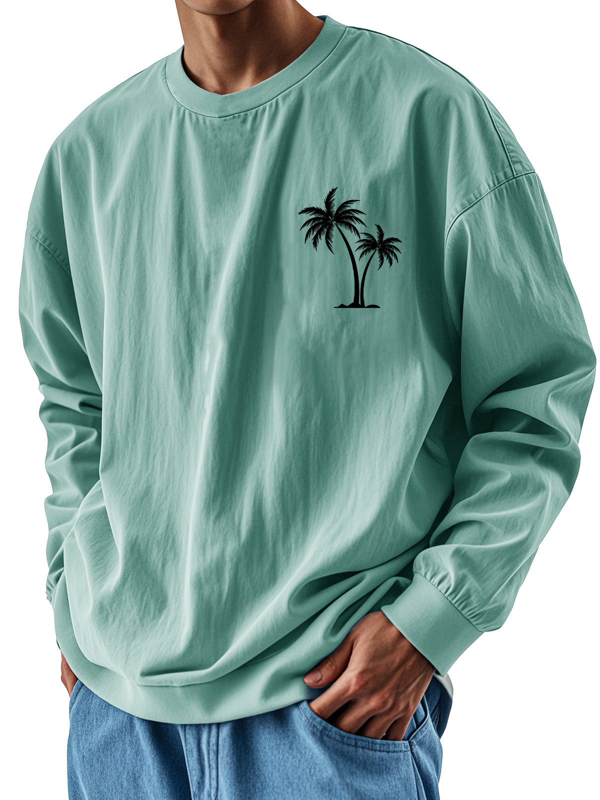 Men's Fashion Casual Round Neck Coconut Tree Print Long Sleeve T-shirt