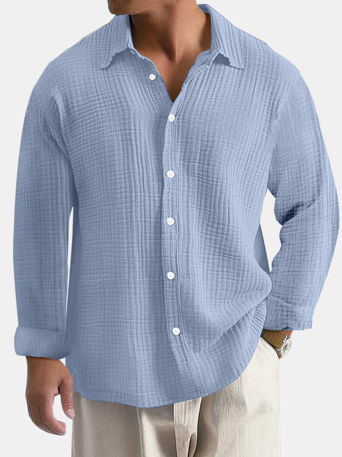 Men's Everyday Solid Color Pleated Textured Comfort Long Sleeve Shirt