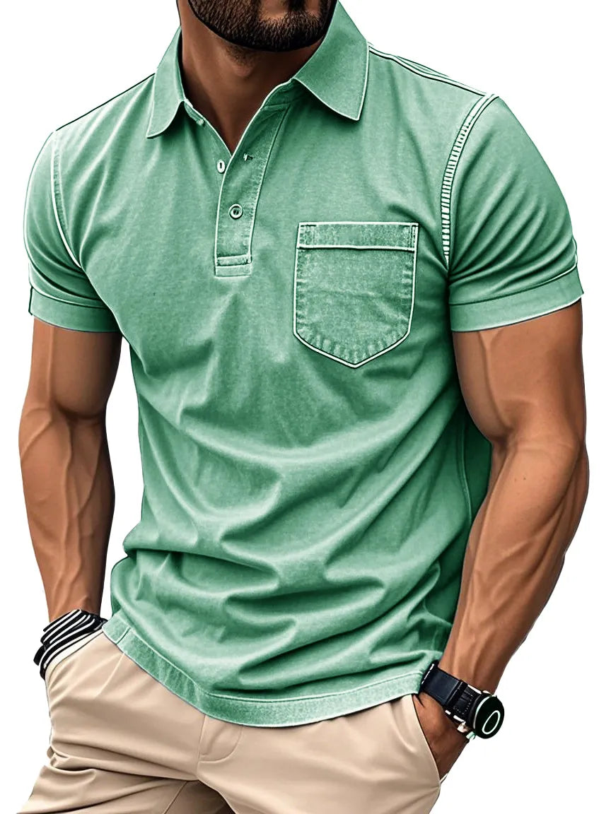 Men's Fashion Retro Distressed Lapel Short-sleeved Pocket Polo Shirt
