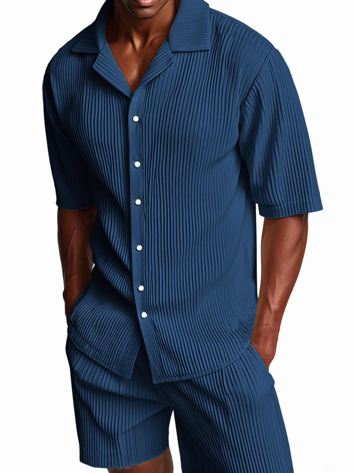 Men's Pleated Texture Suit Cuban Collar Casual Striped Fabric Short Sleeve Shirt Shorts Casual Two-piece Suit