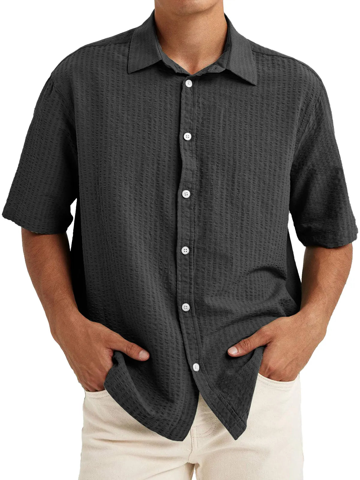 Men's Casual Textured Lapel Solid Color Short-sleeved Shirt