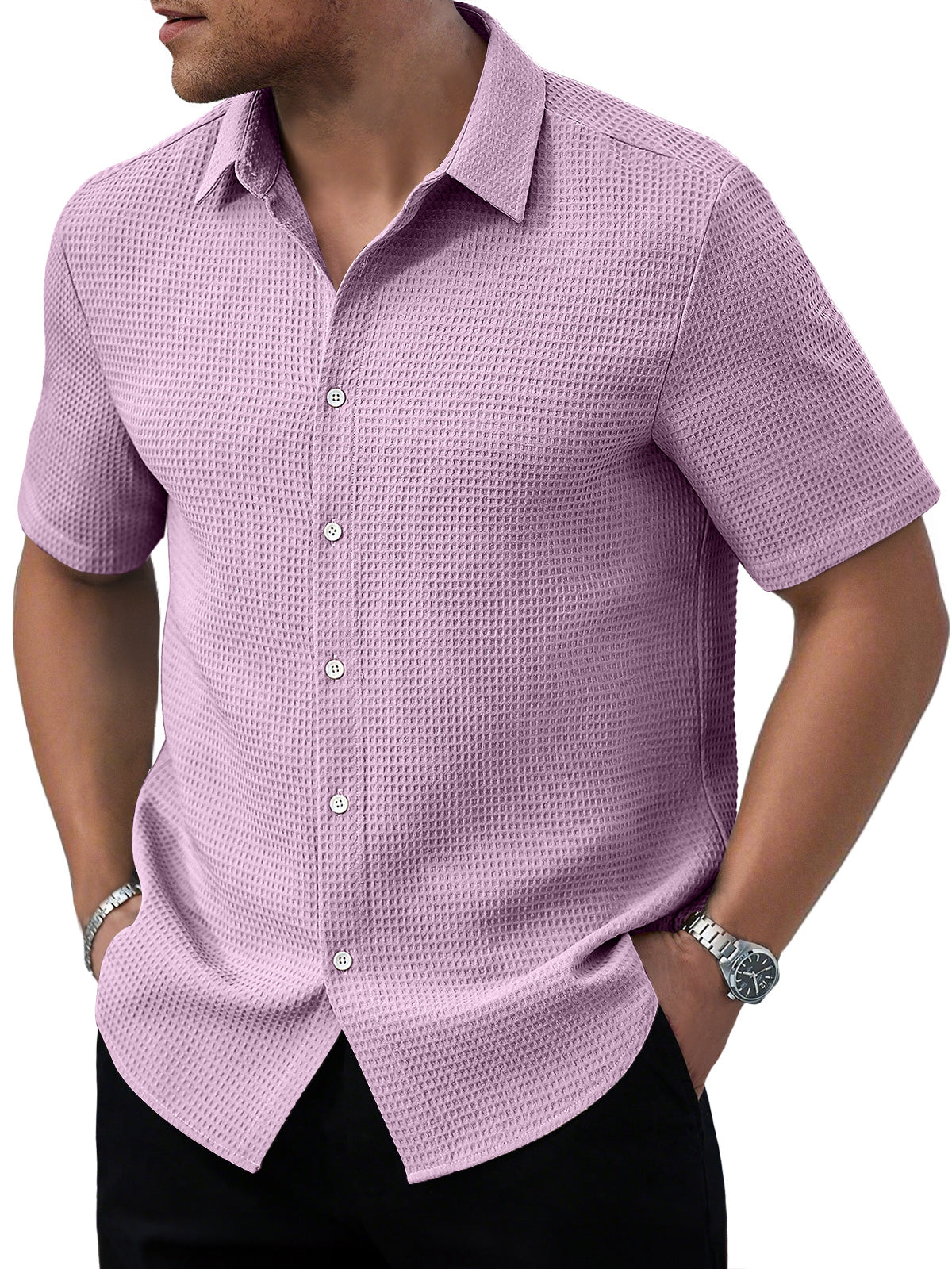 Men's Waffle Daily Casual Comfort Solid Color Short Sleeve Shirt