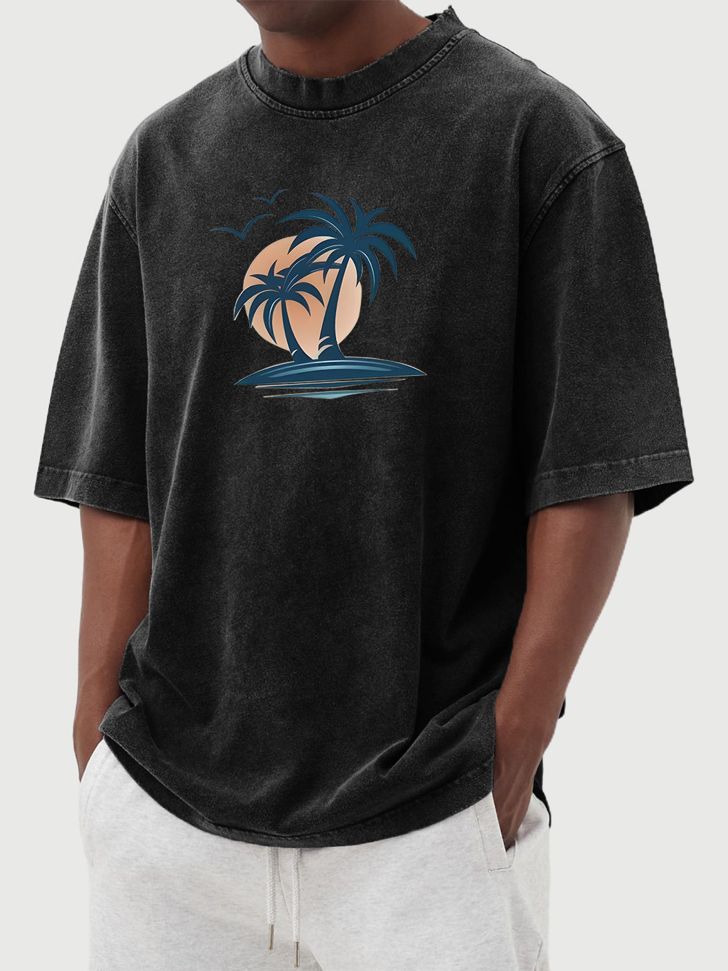 Men's Washed Distressed Cotton Palm Tree Casual Short-sleeved T-shirt