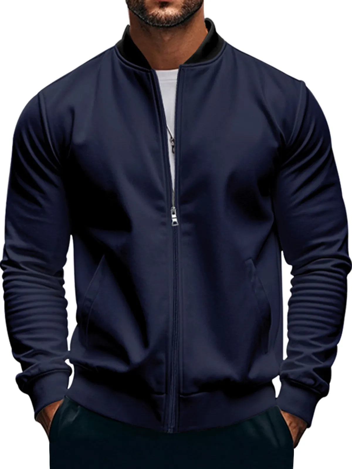 Men's Casual Stand Collar Zipper Long Sleeve Baseball Jacket