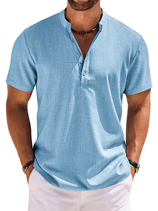Men's 100% Cotton and Linen Casual Short Sleeve Henley Button Shirt