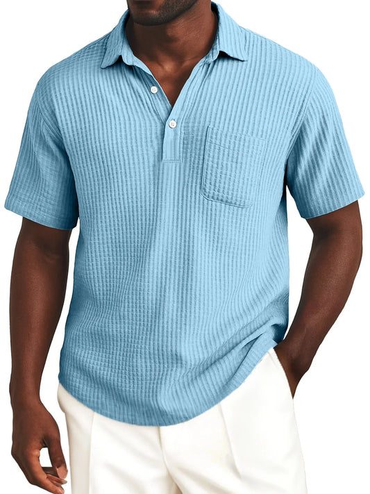 Men's Simple Everyday Solid Color Waffle Lapel Button-up Polo Shirt