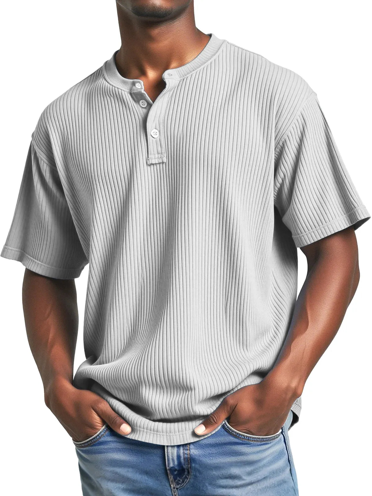 Men's Casual Solid Color Simple Pitted Texture Short-sleeved Henley Shirt
