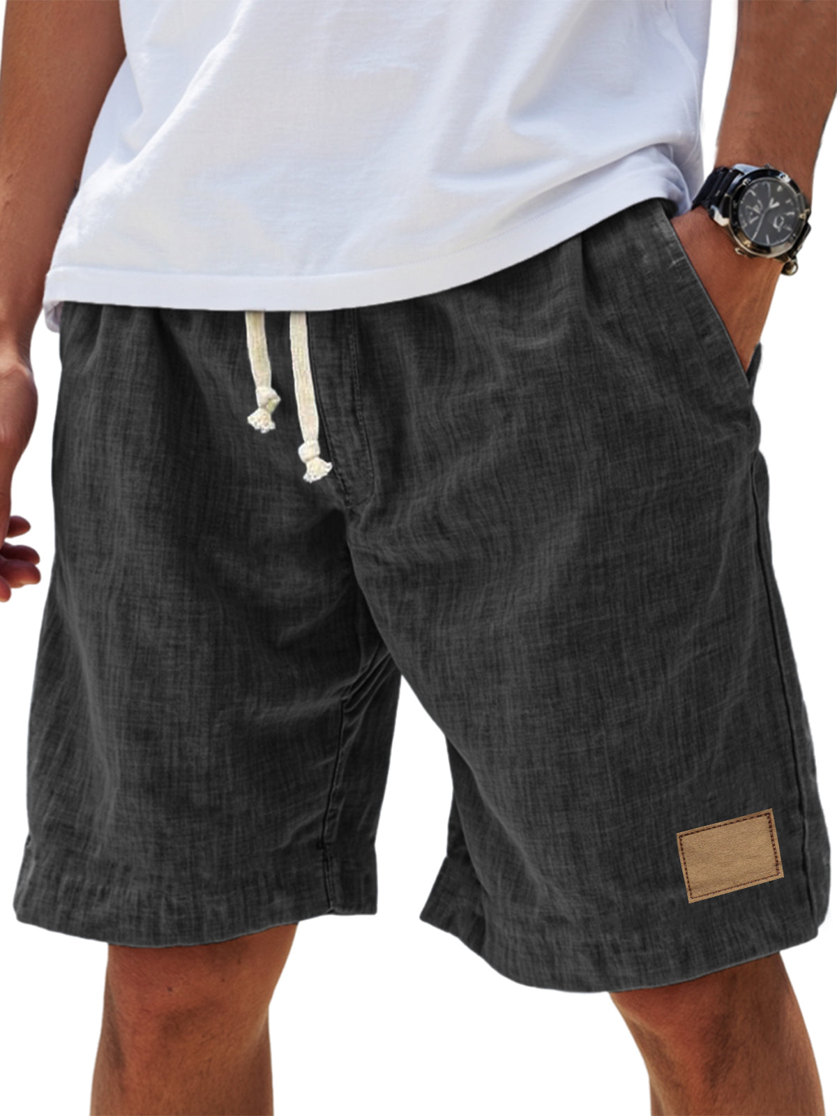 Men's Breathable Linen Embroidered Logo Loose Holiday Shorts