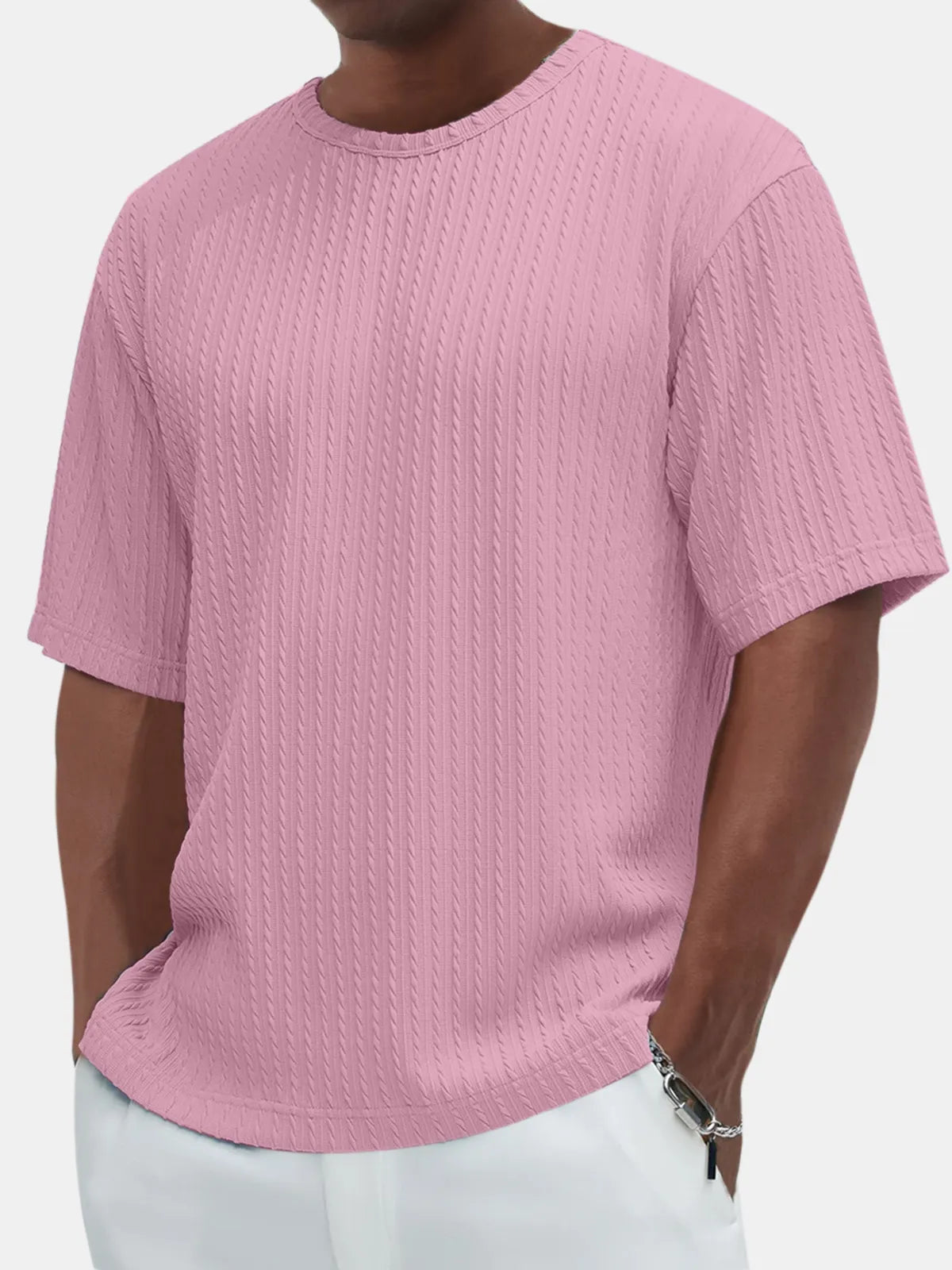 Men's Casual Solid Color Comfortable Daily Jacquard Texture Short-sleeved T-shirt