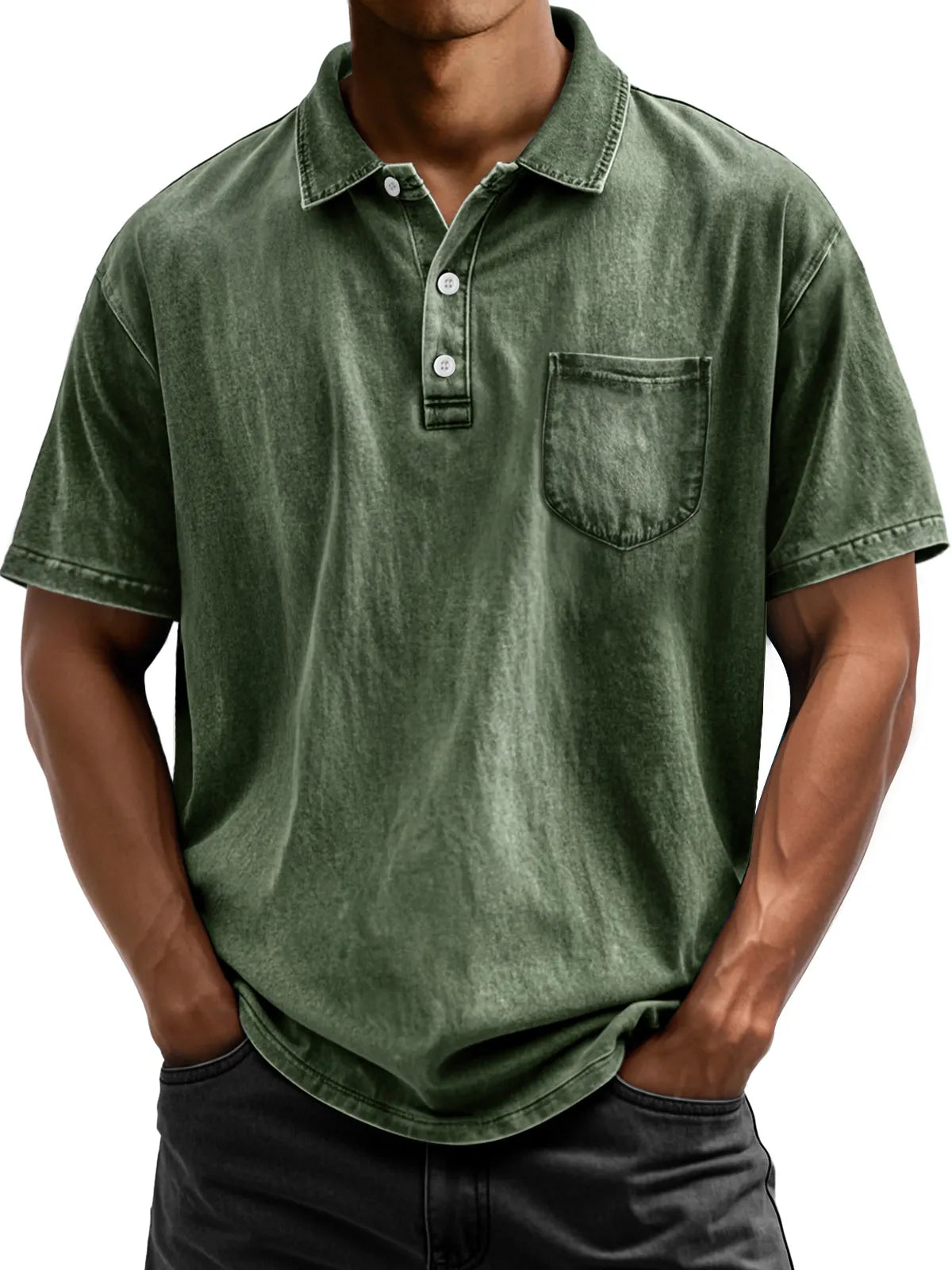 Men's Vintage Cotton Washed Distressed Lapel Pocket Short Sleeve POLO Shirt