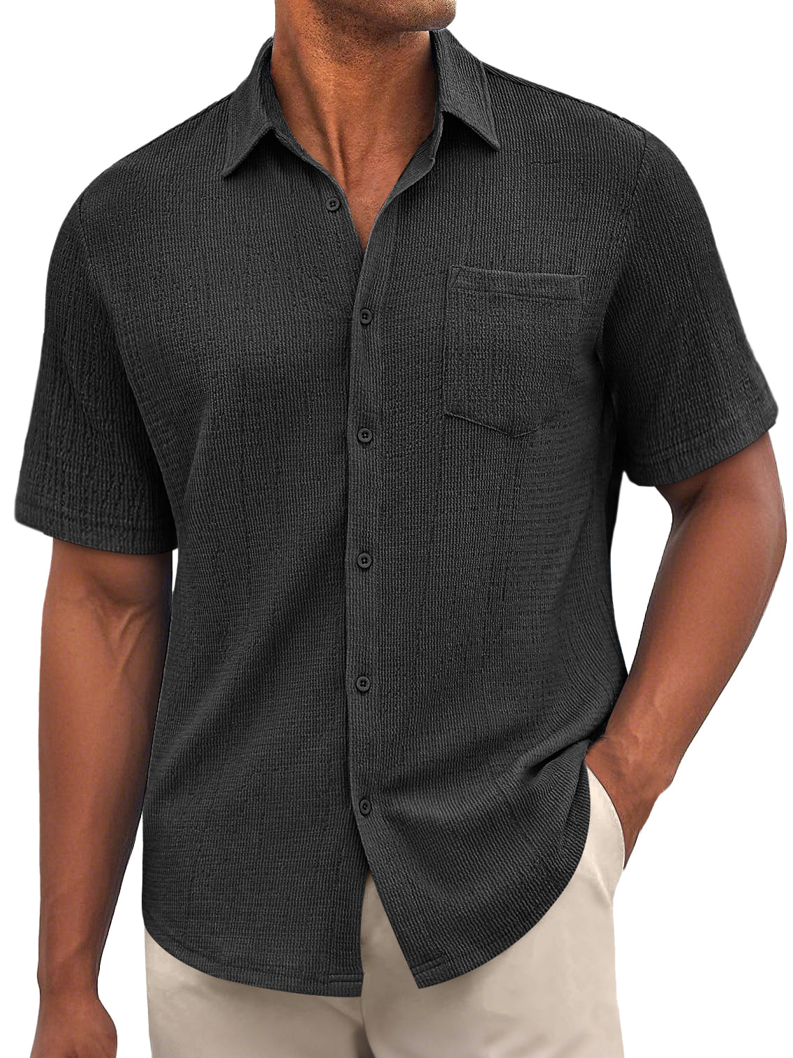 Men's Daily Bubble Wrinkle Casual Pocket Solid Color Short Sleeve Shirt