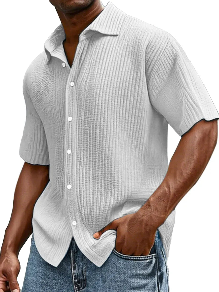 Men's Daily Casual Loose Comfortable Cotton Ruffled Texture Lapel Short Sleeve Button Shirt
