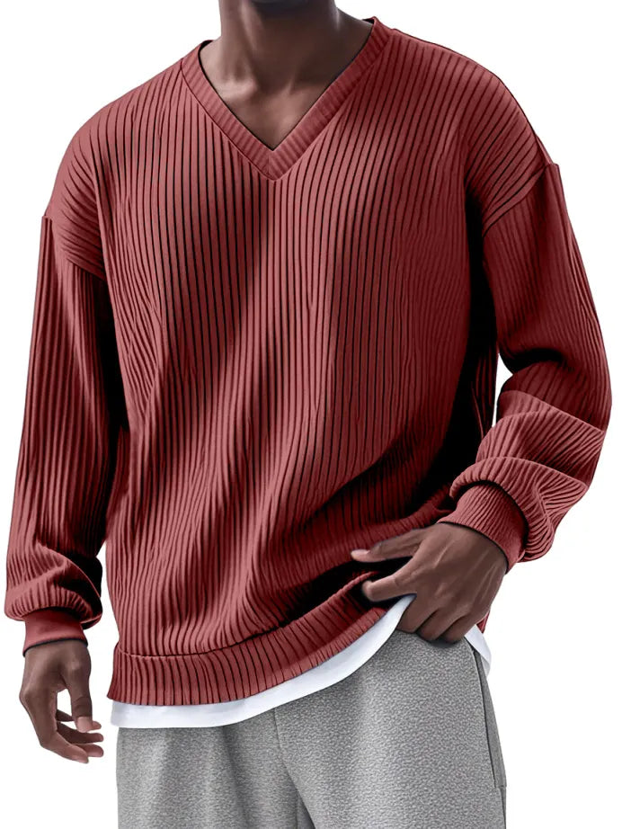 Men's Everyday Loose V-neck Vertical Long-sleeved T-shirt