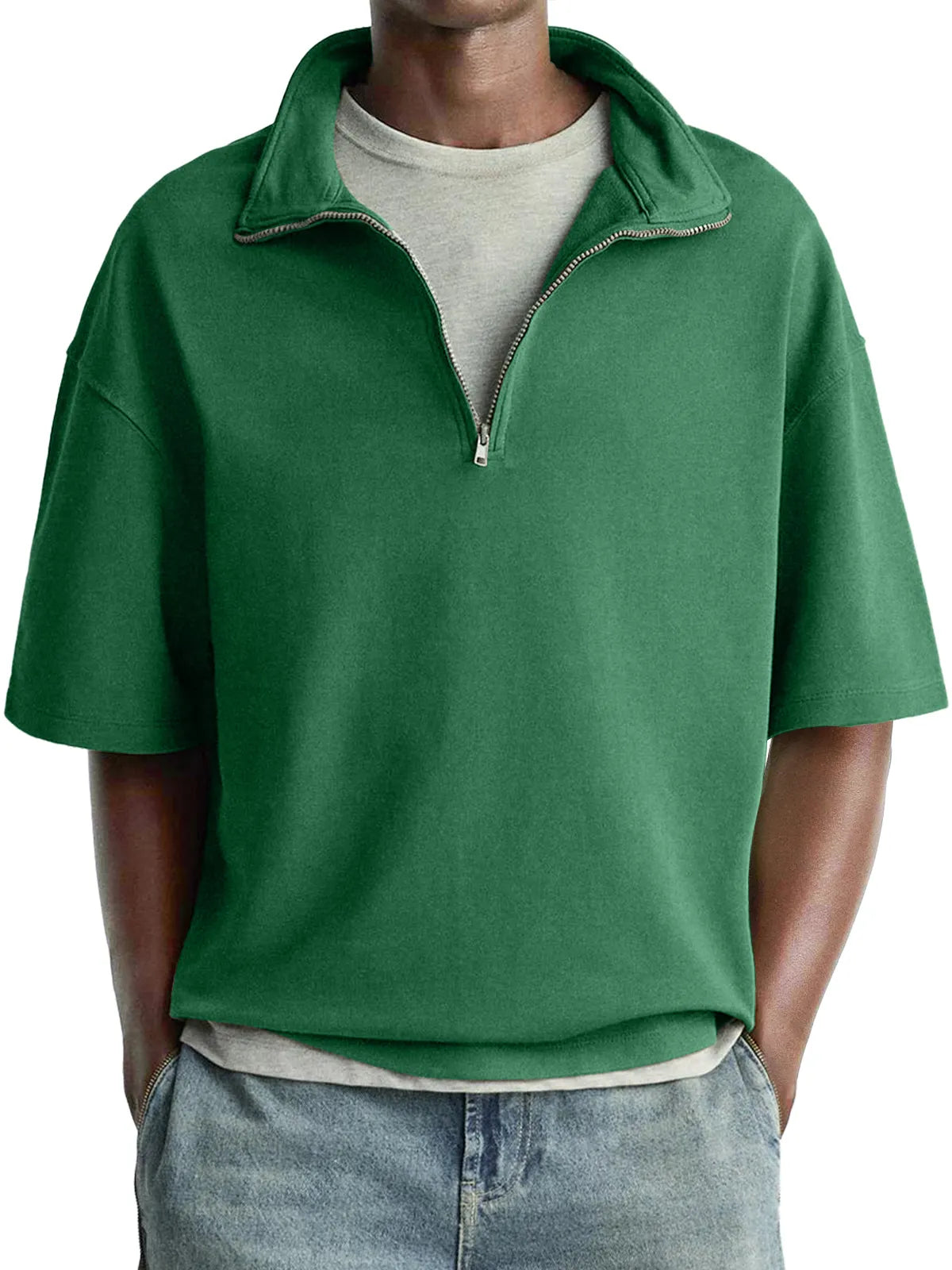 Men's Daily Casual Stand Collar Zipper Comfortable Short-sleeved T-shirt