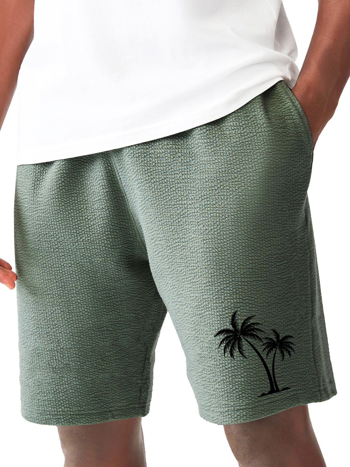 Men's Fashion Hawaiian Casual Coconut Palm Print Pleated Fabric Pocket Shorts