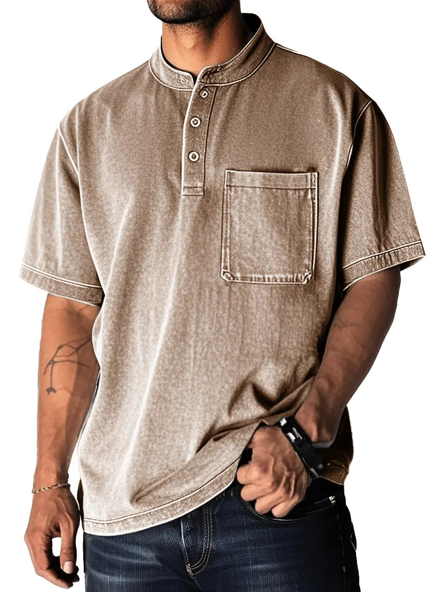 Men's Fashion Retro Distressed Pocket Short Sleeve Lapel Henley Shirt