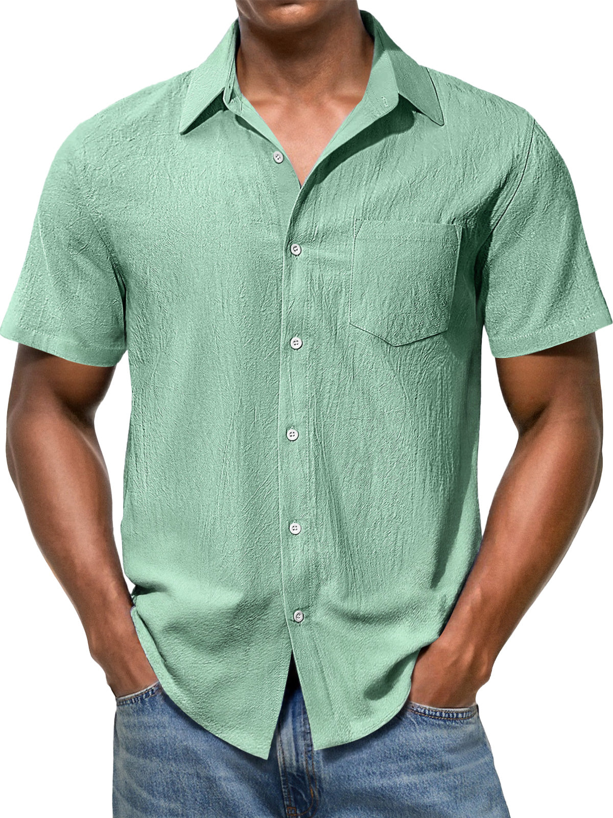 Men's Casual Texture Lapel Pocket Solid Color Comfortable Short Sleeve Shirt
