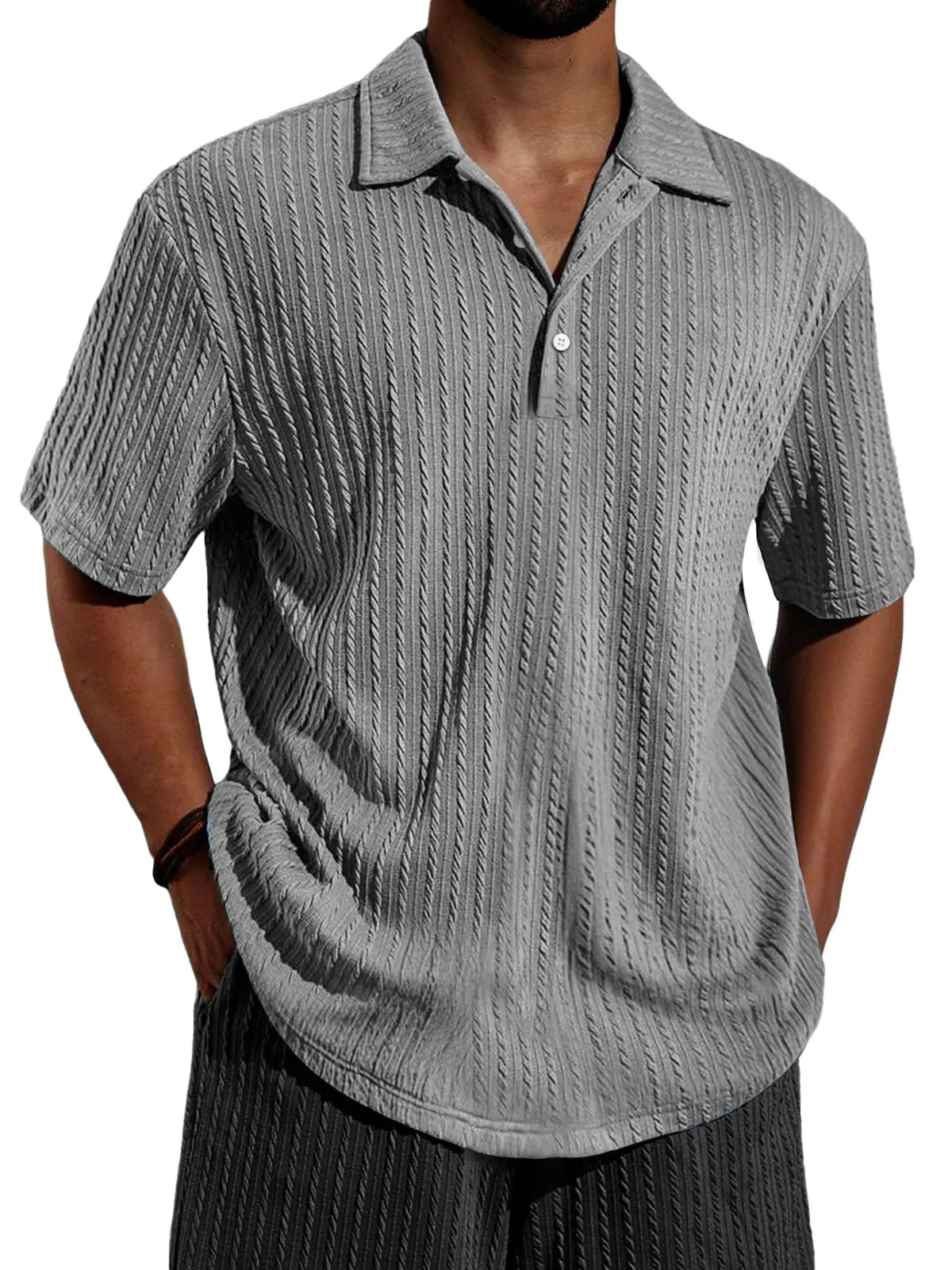 Men's Daily Jacquard Texture Casual Lapel Button Short-sleeved Polo Shirt
