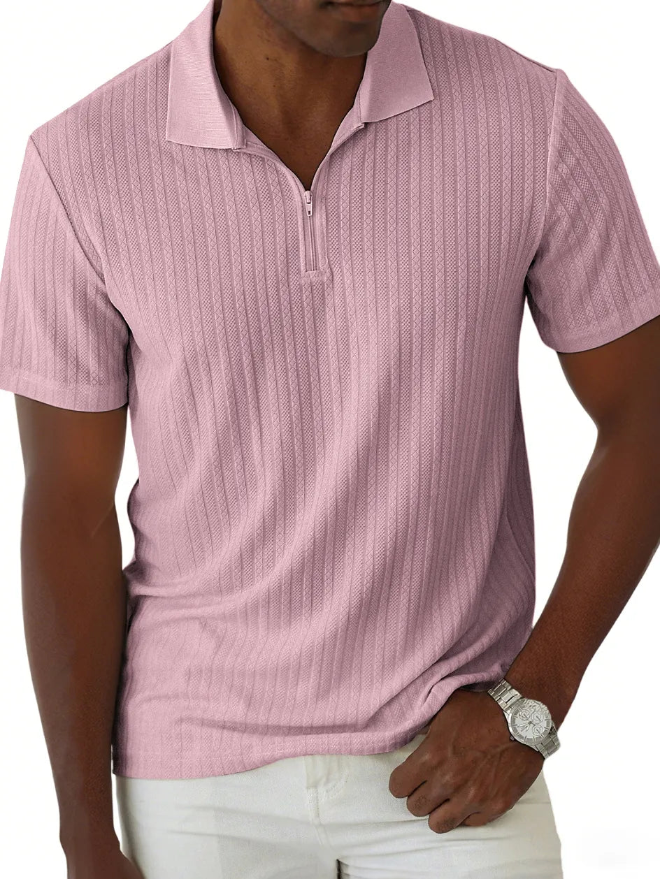 Men's Jacquard Casual Quarter Zip Lapel Short Sleeve Polo Shirt