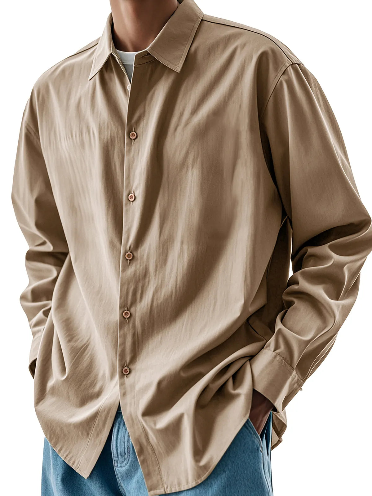 Men's Fashion Retro Pleated Fabric Lapel Long-sleeved Shirt