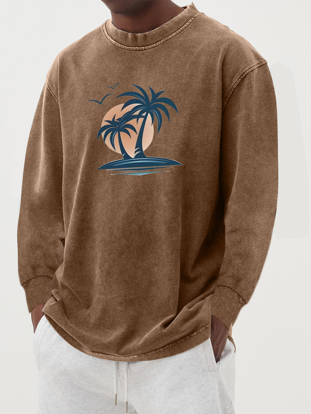 Men's Washed And Distressed 100% Palm Tree Print Long-sleeved T-shirt