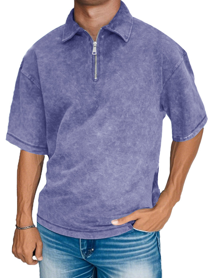 Men's Fashion Retro Distressed Short Sleeve Lapel Zipper Polo Shirt