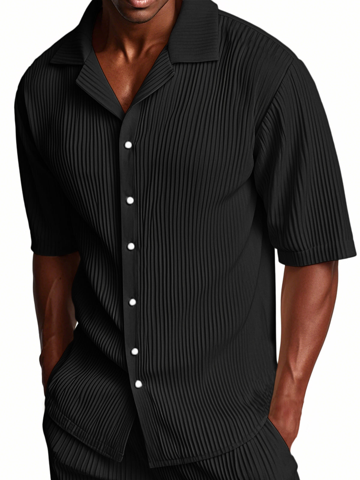 Men's Pleated Cuban Collar Casual Ribbed Fabric Short Sleeve Lapel Shirt