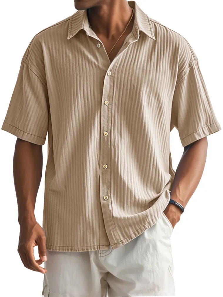 Men's Fashion Casual Ribbed Fabric Short-sleeved Lapel Shirt