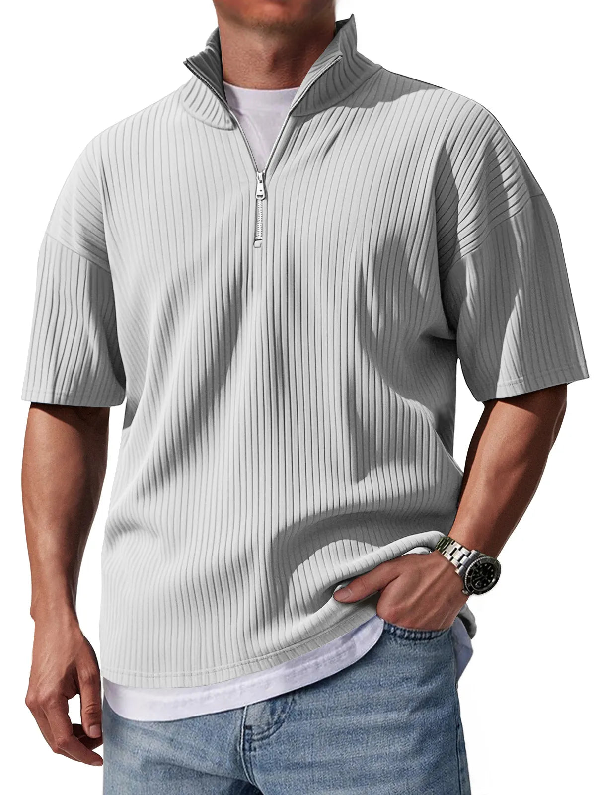 Men's Stand Collar Zipper Pit Casual Solid Color Short-sleeved T-shirt