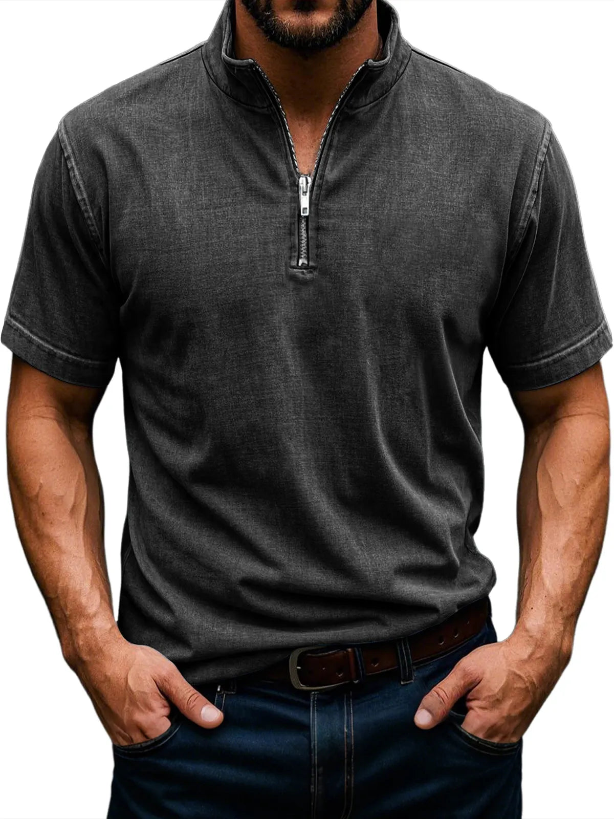 Men's Retro Stand Collar Zipper Casual Solid Color Short Sleeve T-Shirt