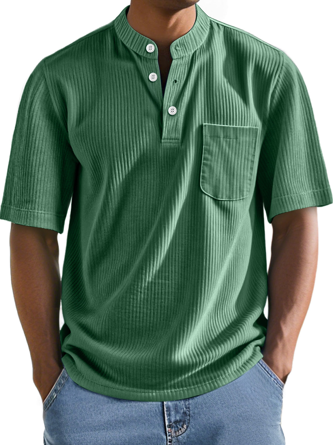 Men's Everyday Stand Collar Ribbed Pocket Comfort Short Sleeve Henley Shirt