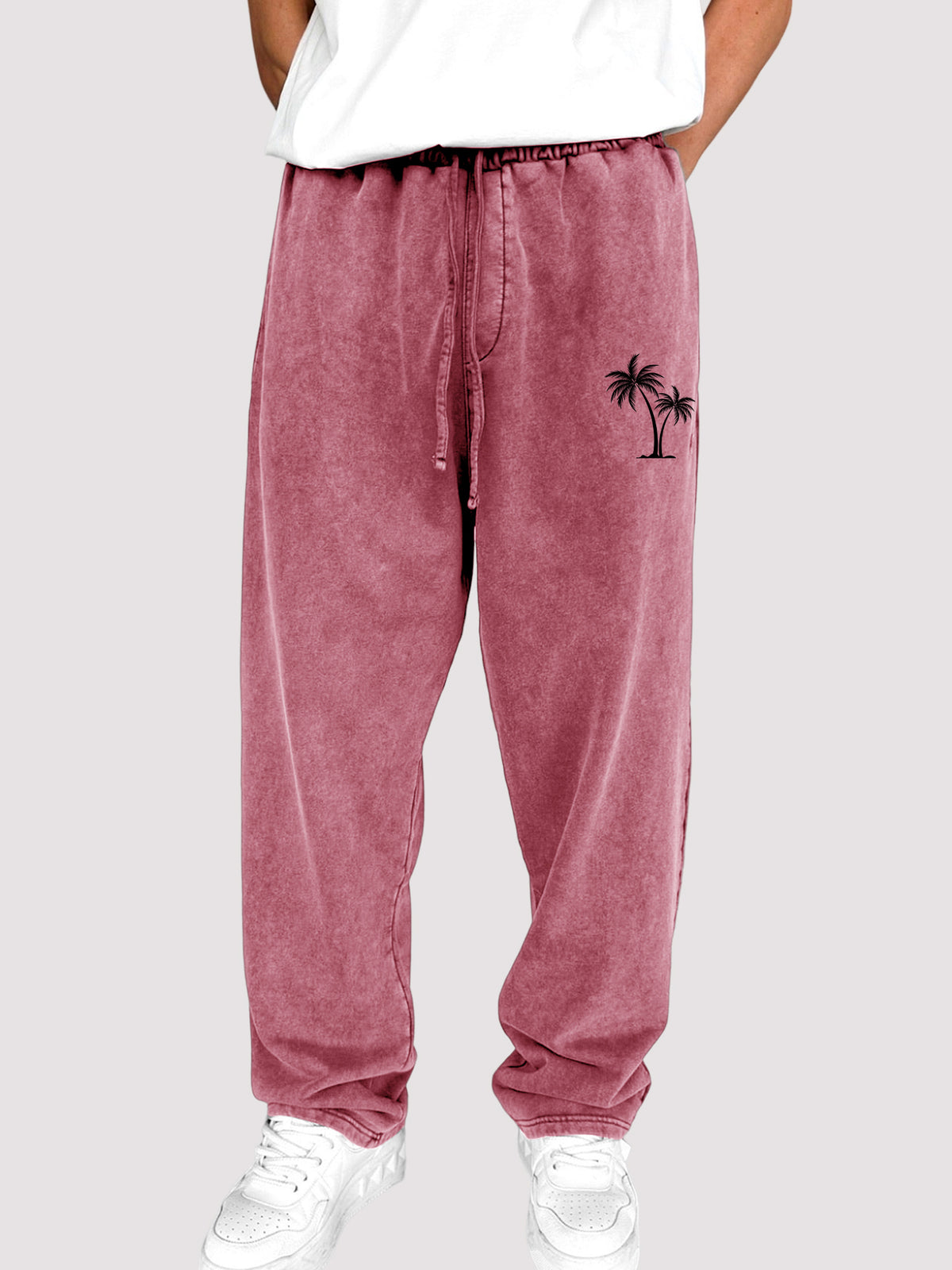 Men's Dyed Vintage Coconut Tree Printed Holiday Casual Elastic Waist Drawstring Trousers