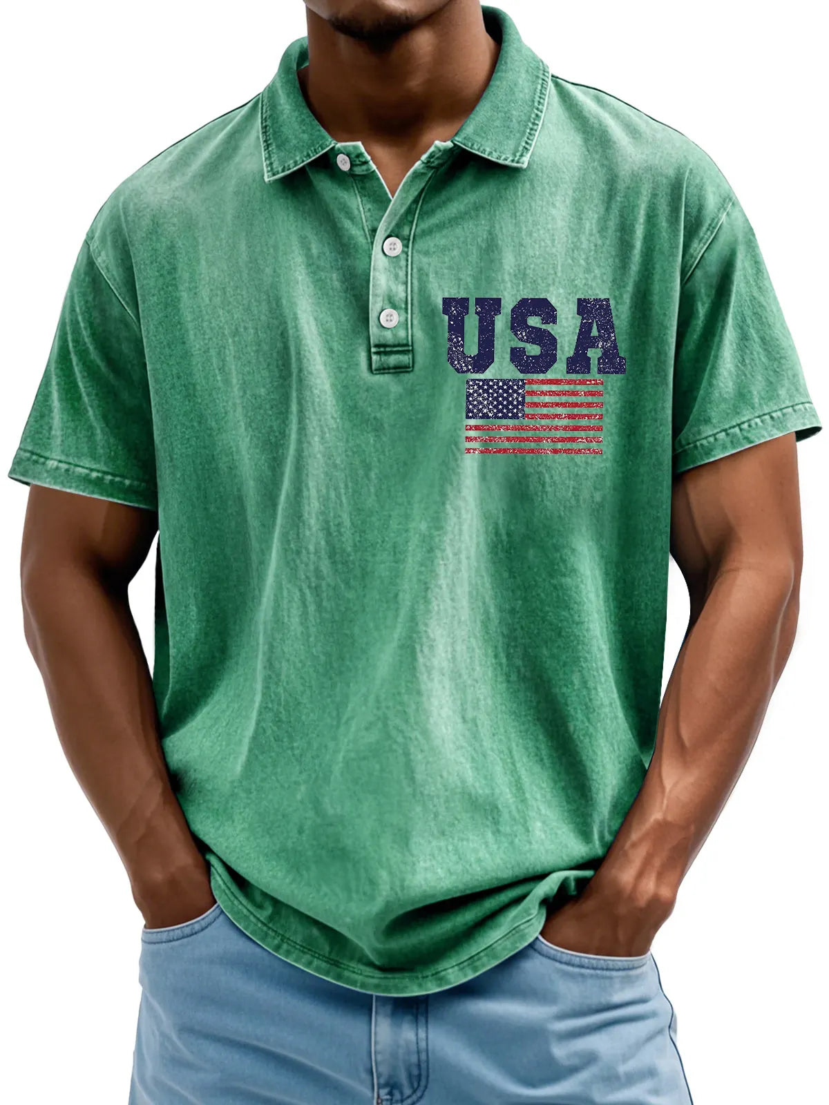 Men's Vintage American Independence Day Flag Print Lapel Short Sleeve Polo Shirt