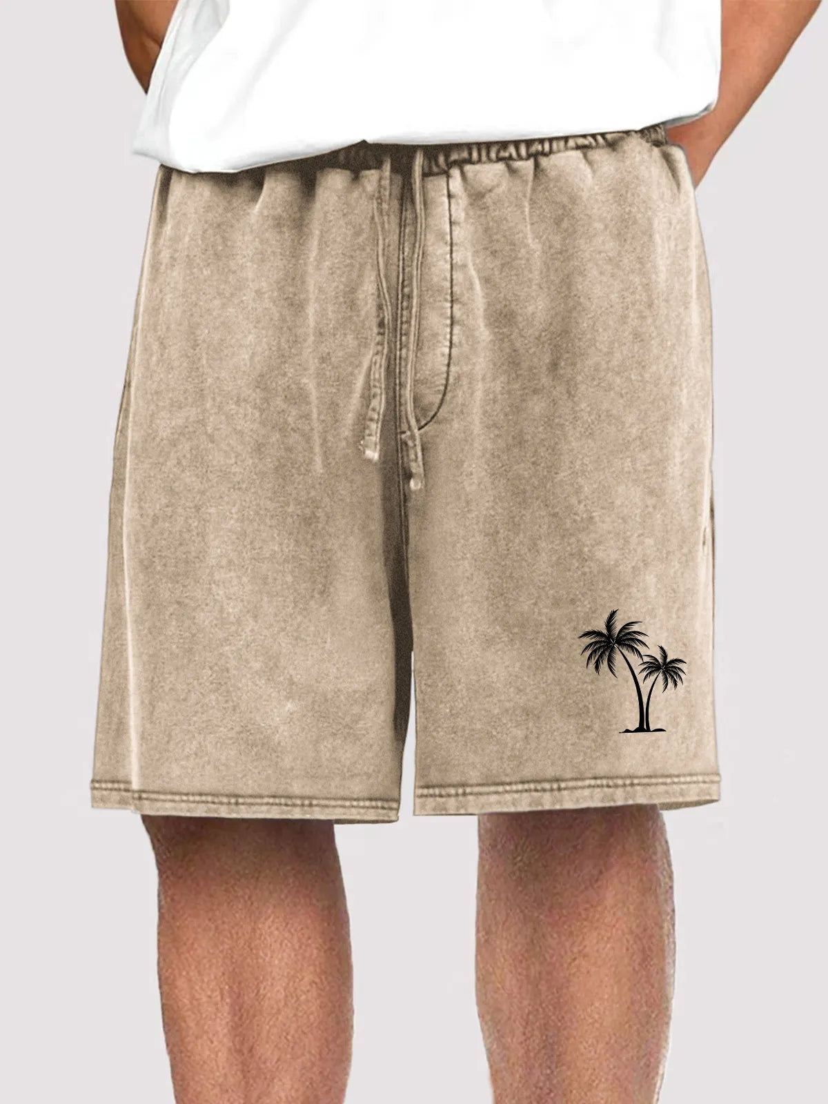 Men's Vintage Distressed Coconut Tree Print Holiday Casual Elastic Waist Shorts With Side Pockets