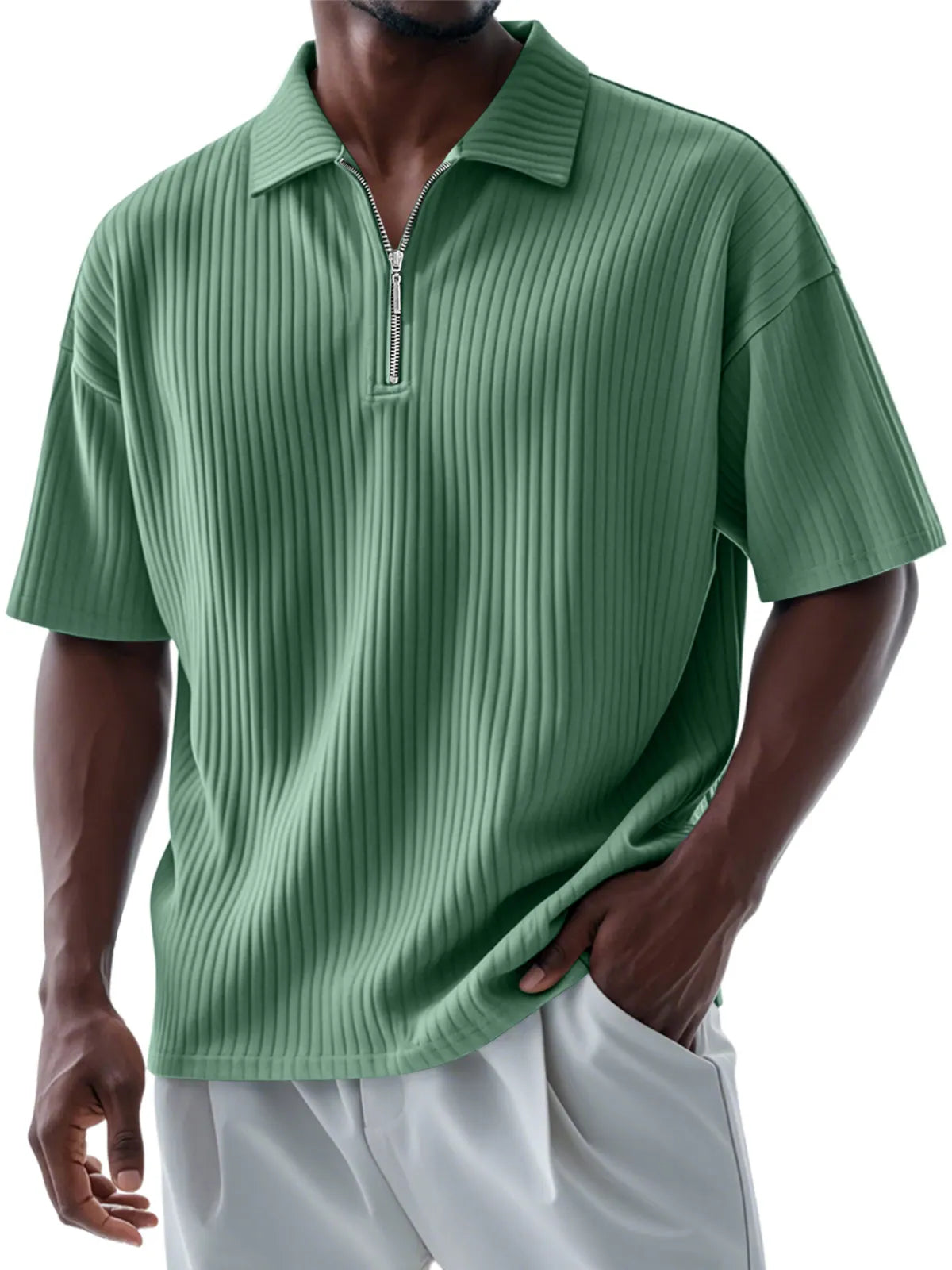 Men's Casual Daily Pitted Lapel Zipper Short-sleeved Polo Shirt
