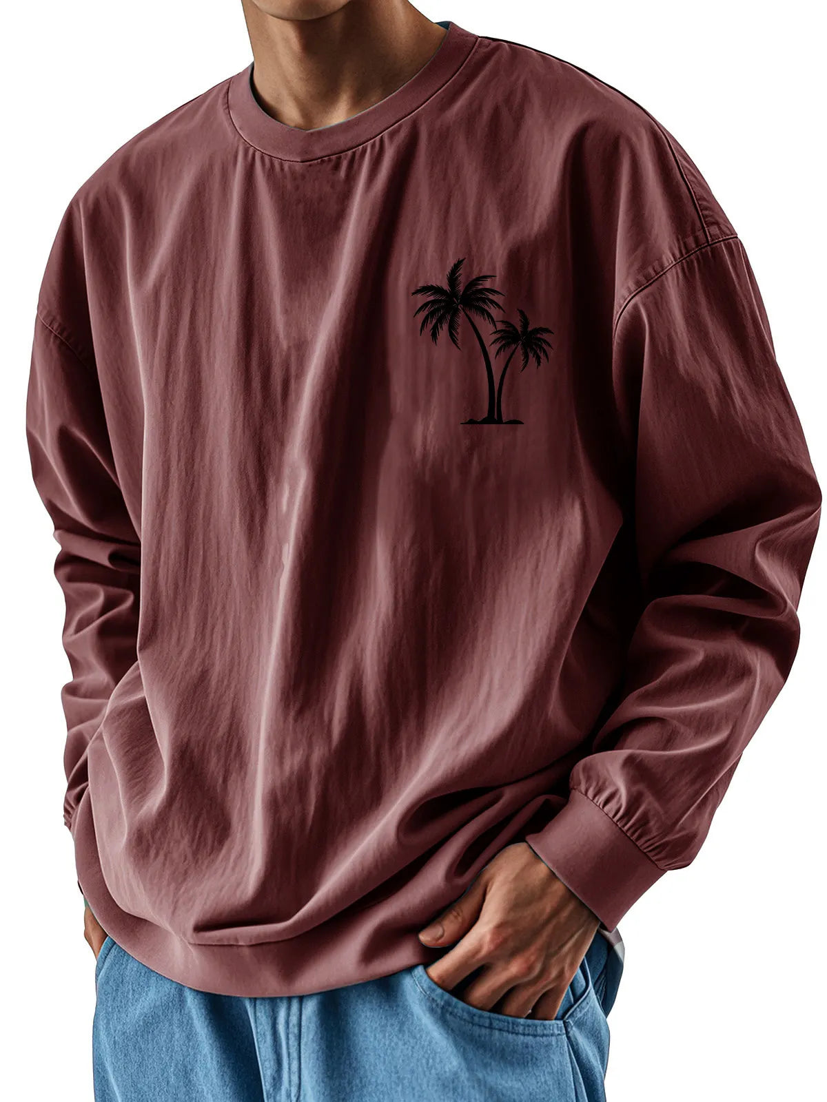 Men's Fashion Casual Round Neck Coconut Tree Print Long Sleeve T-shirt