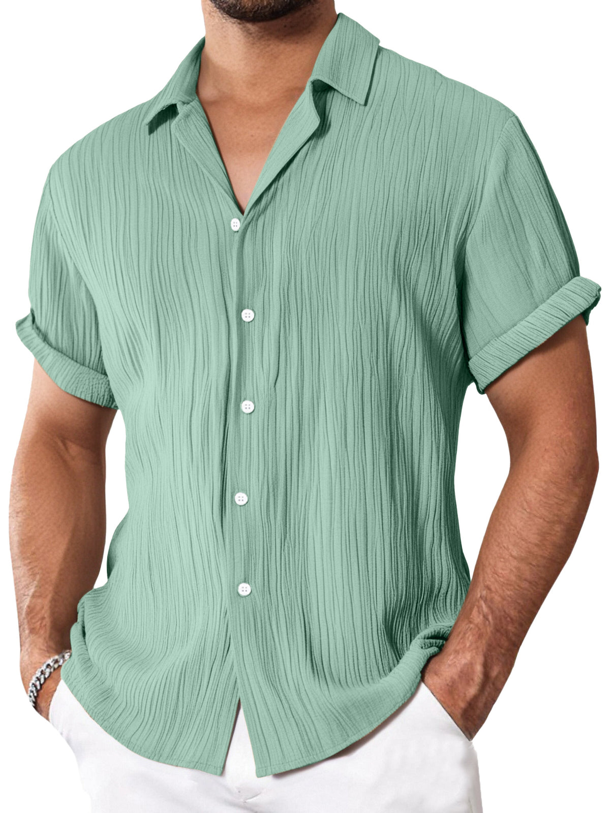 Men's Simple Everyday Textured Short Sleeve Lapel Button-down Shirt