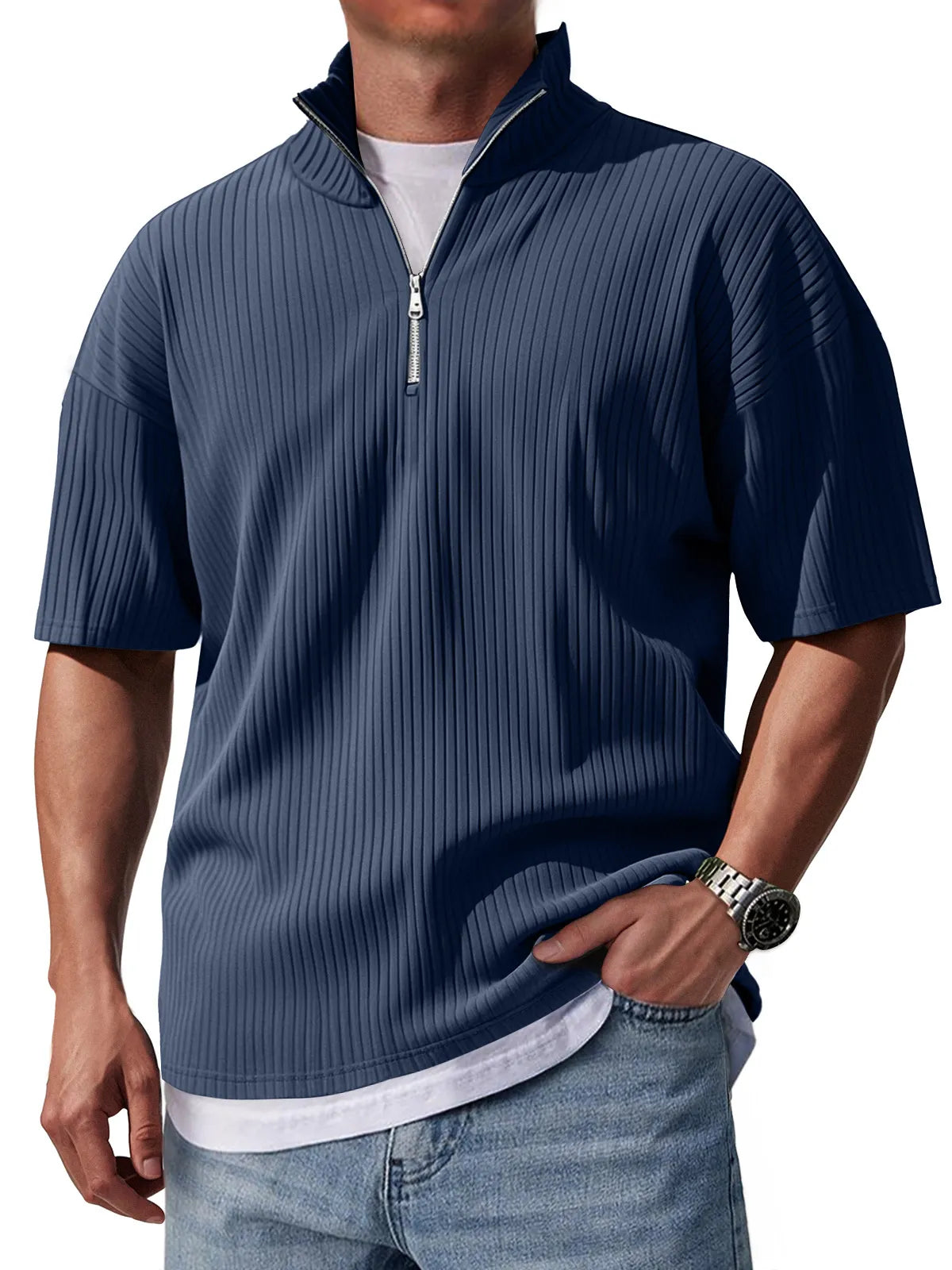 Men's Stand Collar Zipper Pit Casual Solid Color Short-sleeved T-shirt