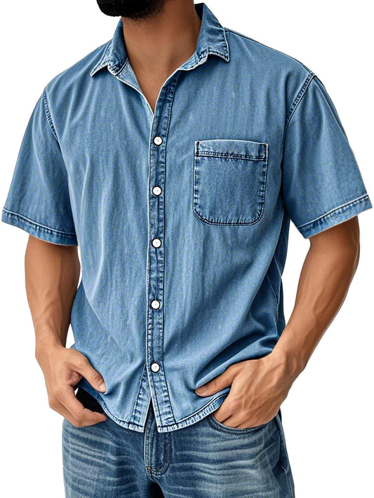 Men's Retro Casual Lapel Pocket Solid Color Short Sleeve Shirt